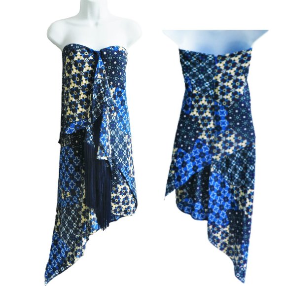 SiLK BCBGMaxAzria Strapless Asymmetrical Dress Enid Fringe Patchwork Boning 4 - Picture 6 of 11